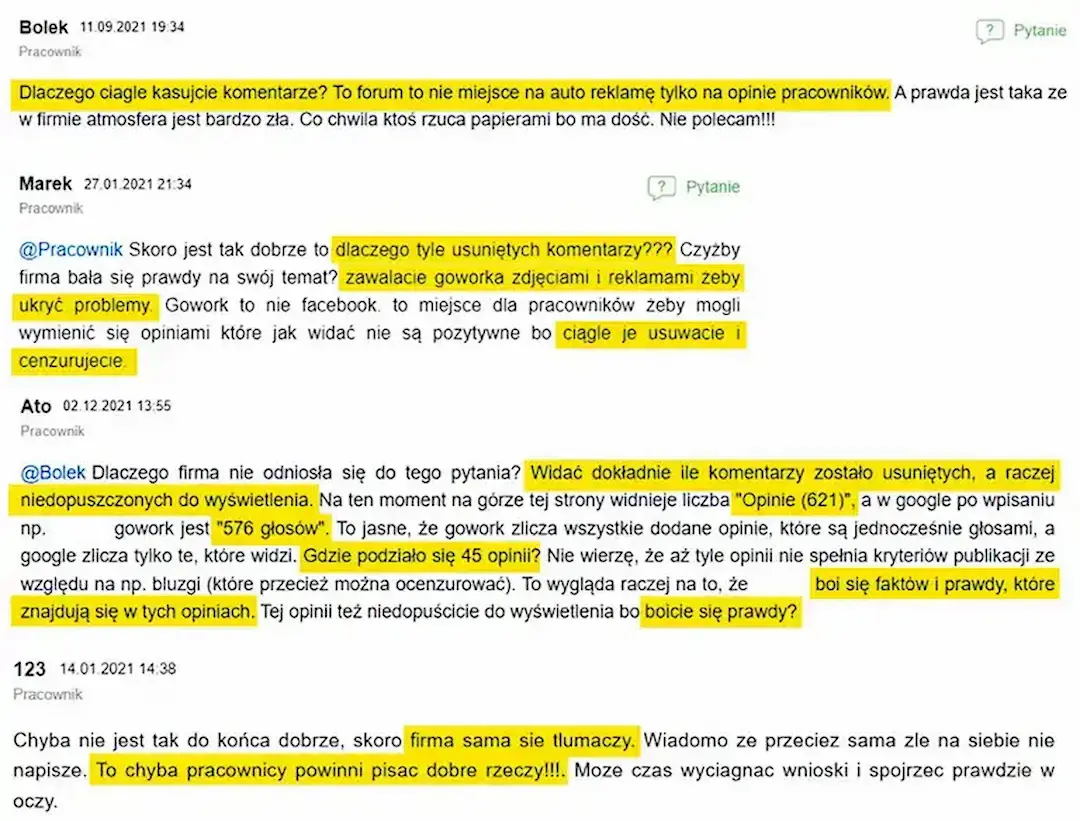 negatywne komentarze na temat byłego pracodawcy