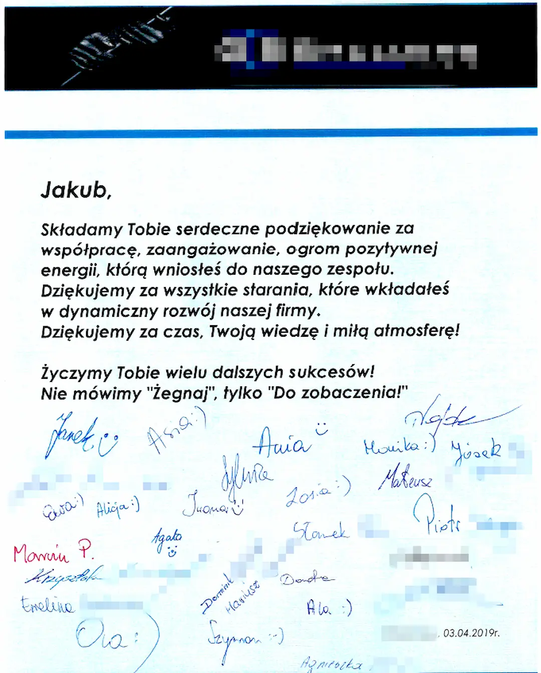 Podziękowania od pracowników za współpracę