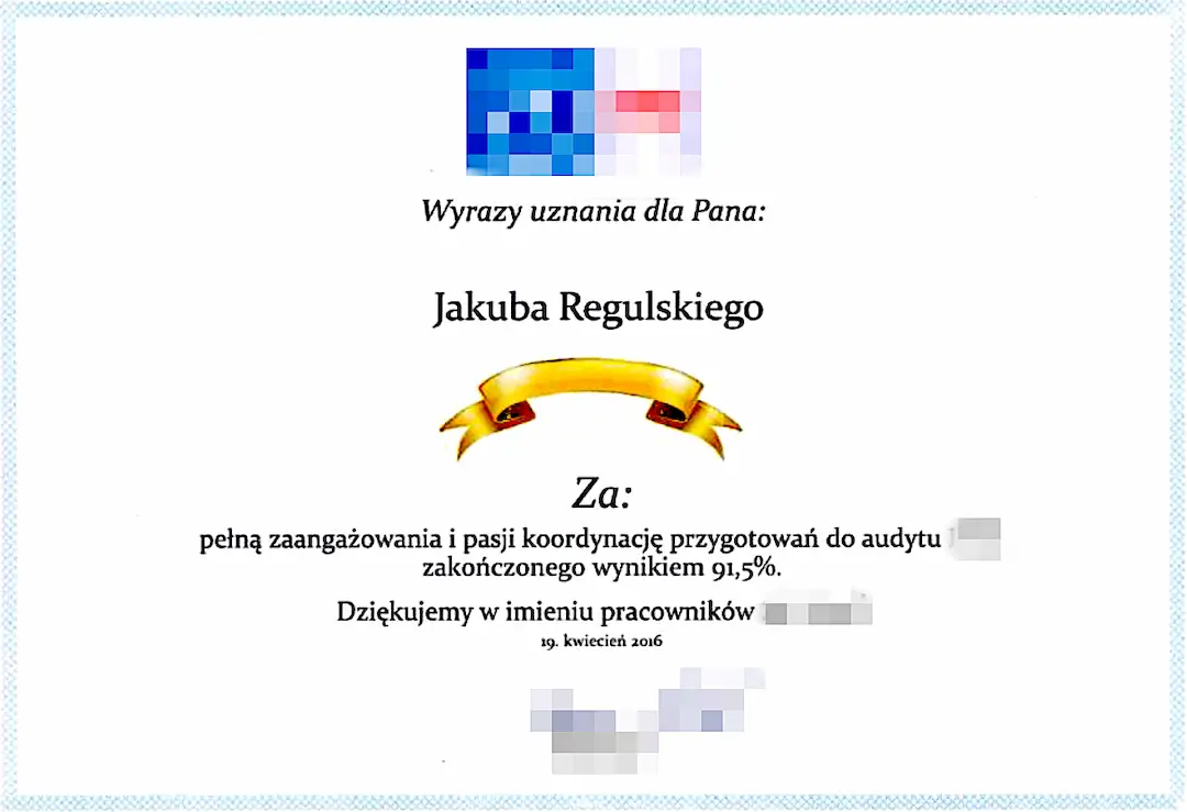 dyplom za wyniki audytu zarządzania