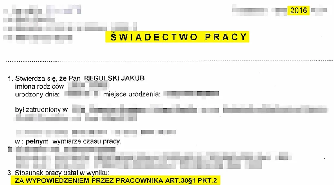 świadectwo pracy TRW
